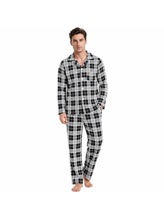 Mens Flannel Plaid Pajama Set,Long Pajamas Warm Lightweight Pjs Set with Pockets(Black-white plaid, XX-Large)