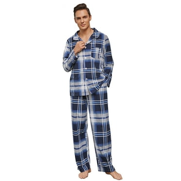 Vulcanodon Mens Flannel Plaid Pajama Set，Long Pajamas Warm Lightweight Pjs Set with Pockets(Blue-white plaid, Large)