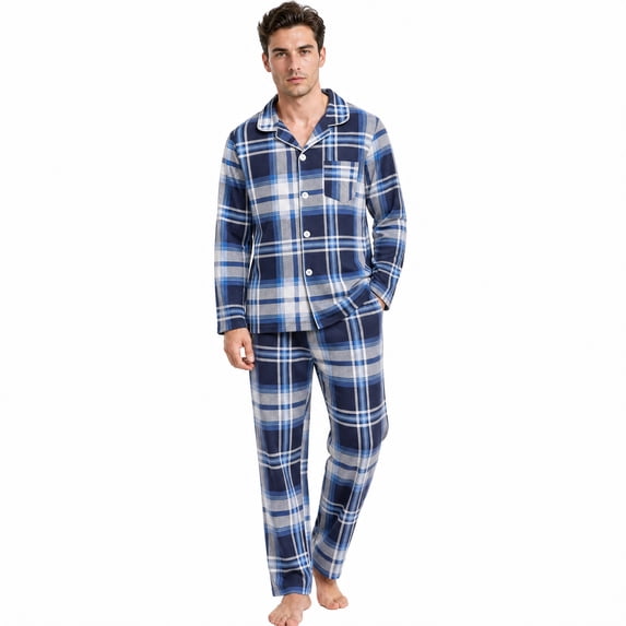 Vulcanodon Mens Flannel Plaid Pajama Set,Long Pajamas Warm Lightweight Pjs Set with Pockets(Blue-white plaid, Medium)