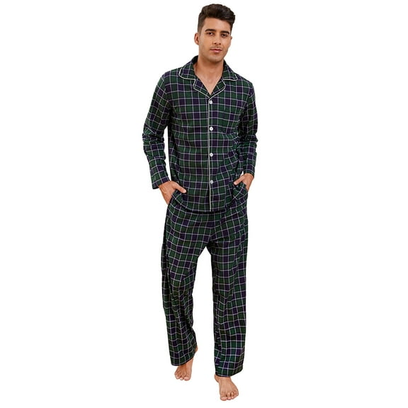 Vulcanodon Mens Flannel Plaid Pajama Set，Long Pajamas Warm Lightweight Pjs Set with Pockets(Navy-green Plaid, Large)