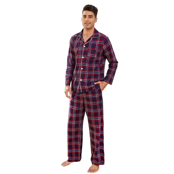 Vulcanodon Mens Flannel Plaid Pajama Set,Long Pajamas Warm Lightweight Pjs Set with Pockets(Navy-red Plaid, Large)