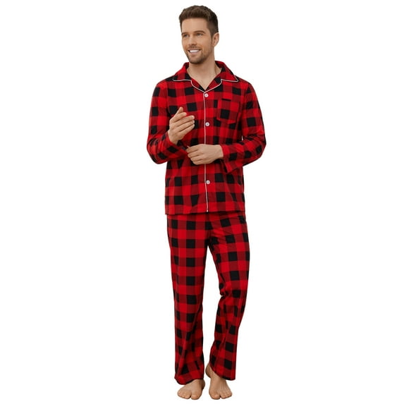 Vulcanodon Mens Flannel Plaid Pajama Set,Long Pajamas Warm Lightweight Pjs Set with Pockets(Red-black Buffalo Plaid,Medium)