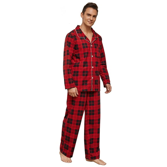 Vulcanodon Mens Flannel Plaid Pajama Set，Long Pajamas Warm Lightweight Pjs Set with Pockets(Red-black Plaid, X-Large)
