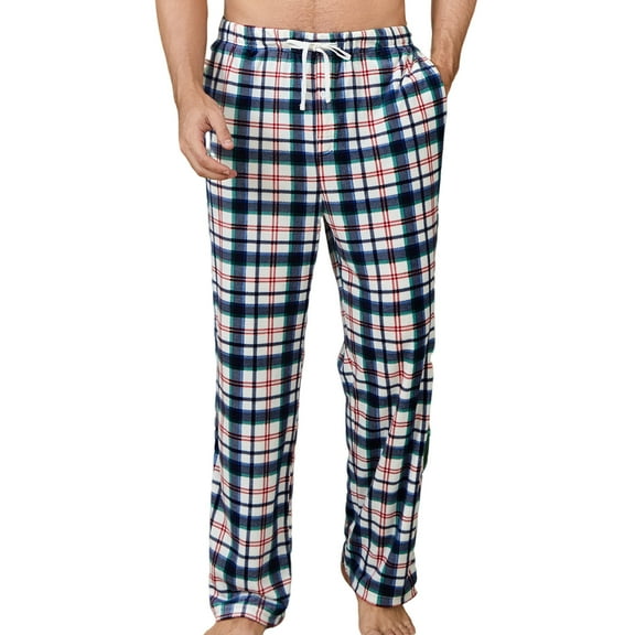 Vulcanodon Mens Fleece Pajama Pants, Ultra Soft Plaid Lounge Pants with Pockets Button Fly Sleep Bottoms(NAVY WHITE PLAID, L)