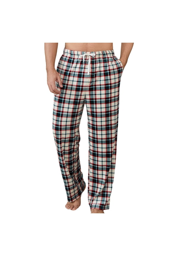 Mens Fleece Pajama Pants, Ultra Soft Plaid Lounge Pants with Pockets Button Fly Sleep Bottoms(GREEN WHITE PLAID, S)