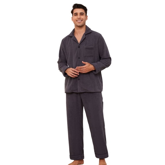 Vulcanodon Mens Fleece Pajama Set, Soft Warm Long Sleeve Sleepwear with Pockets Cozy Button-Down Pjs for Men(Dark Grey, S)