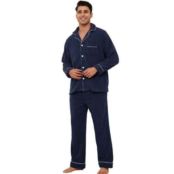 Vulcanodon Mens Fleece Pajama Set, Soft Warm Long Sleeve Sleepwear with Pockets Cozy Button-Down Pjs for Men（Navy, L）
