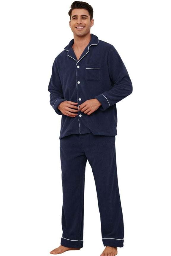 Mens Fleece Pajama Set, Soft Warm Long Sleeve Sleepwear with Pockets Cozy Button-Down Pjs for Men(Navy, L)