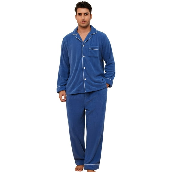 Vulcanodon Mens Fleece Pajama Set, Soft Warm Long Sleeve Sleepwear with Pockets Cozy Button-Down Pjs for Men（Royal Blue, L）
