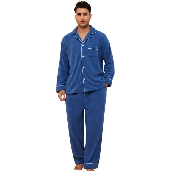 Vulcanodon Mens Fleece Pajama Set, Soft Warm Long Sleeve Sleepwear with Pockets Cozy Button-Down Pjs for Men(Royal Blue, XL)
