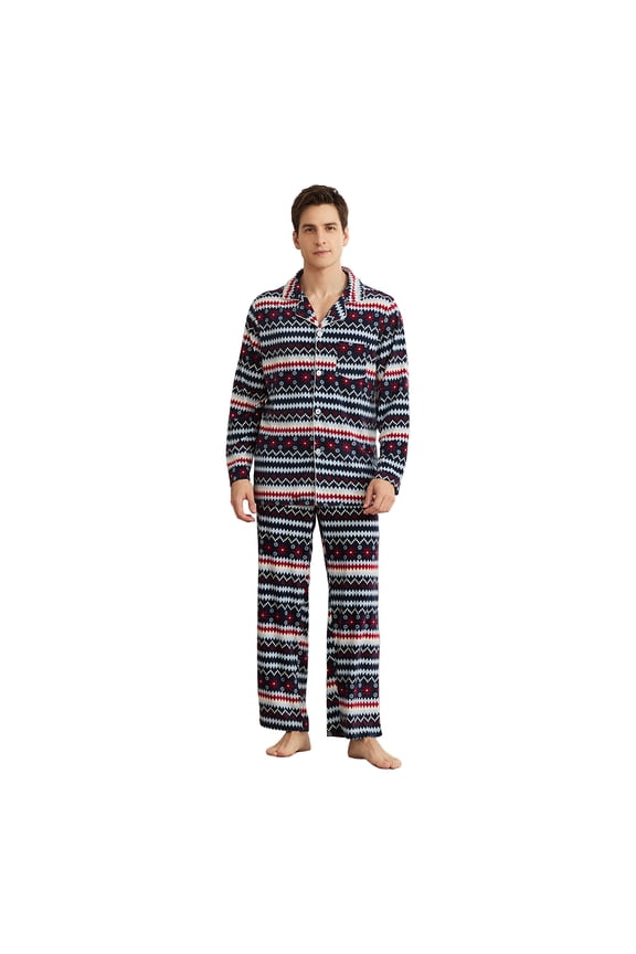 Mens Fleece Pajama Set, Ultra Soft Warm Long Sleeve Prints Sleepwear Cozy Button Down Pjs for Men(RED-BLUE RHOMBUS, M)