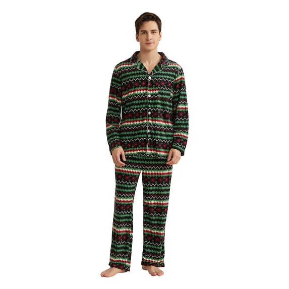 Vulcanodon Mens Fleece Pajama Set, Ultra Soft Warm Long Sleeve Prints Sleepwear Cozy Button Down Pjs for Men(RED-GREEN RHOMBUS, XL)