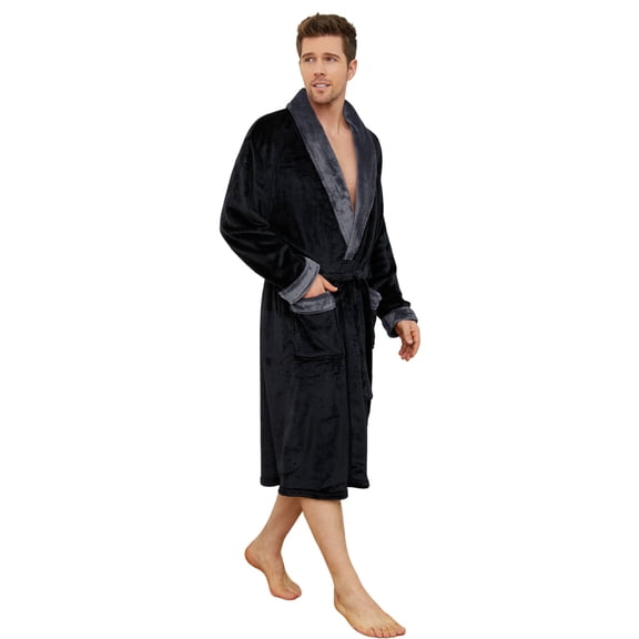 Vulcanodon Mens Fleece Robe, Plush Shawl Collar Two Tone Bathrobe Mid Length(Black/Dark Grey, Large-X-Large)