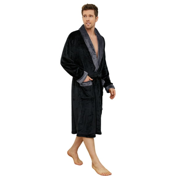Vulcanodon Mens Fleece Robe, Plush Shawl Collar Two Tone Bathrobe Mid Length(Black/Dark Grey, Small-Medium)