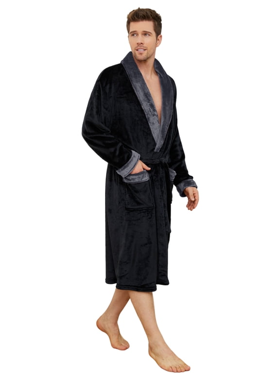 Mens Fleece Robe, Plush Shawl Collar Two Tone Bathrobe Mid Length(Black/Dark Grey, Small-Medium)