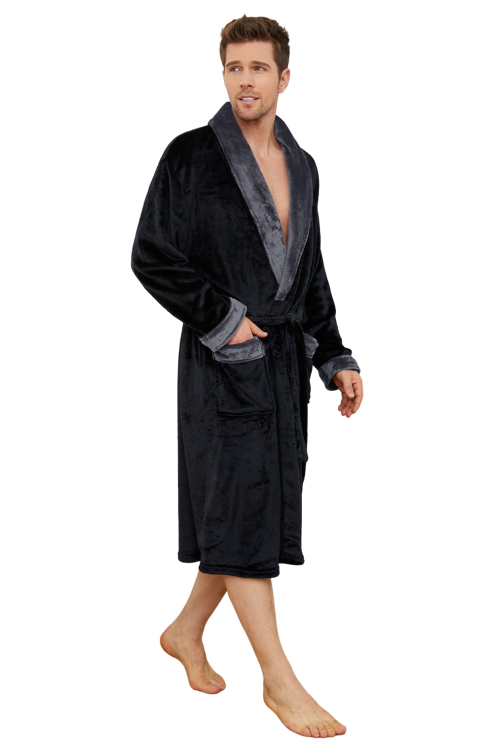 Vulcanodon Mens Fleece Robe, Plush Shawl Collar Two Tone Bathrobe Mid ...