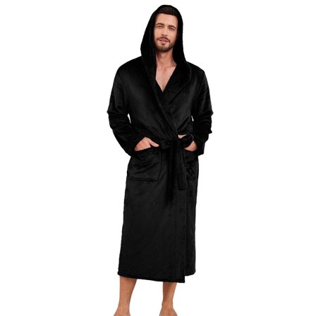 Vulcanodon Mens Hooded Fleece Robe，Plush Lightweight Soft Spa Bathrobe for Men (Black, 2XL/3XL)
