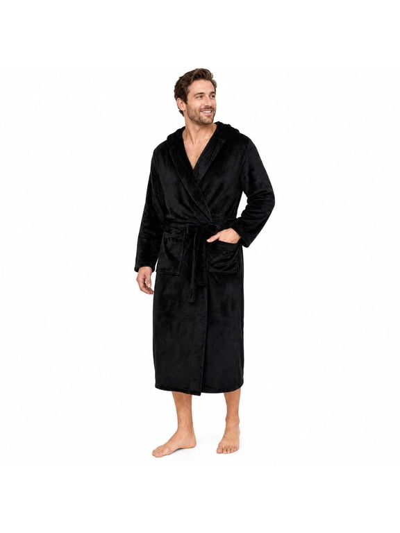 Mens Hooded Fleece Robe,Plush Lightweight Soft Spa Bathrobe for Men (Black, L/XL)