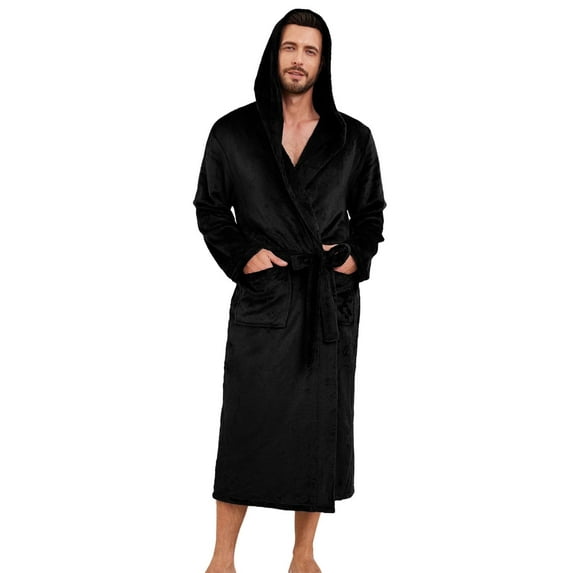 Vulcanodon Mens Hooded Fleece Robe,Plush Lightweight Soft Spa Bathrobe for Men (Black, L/XL)