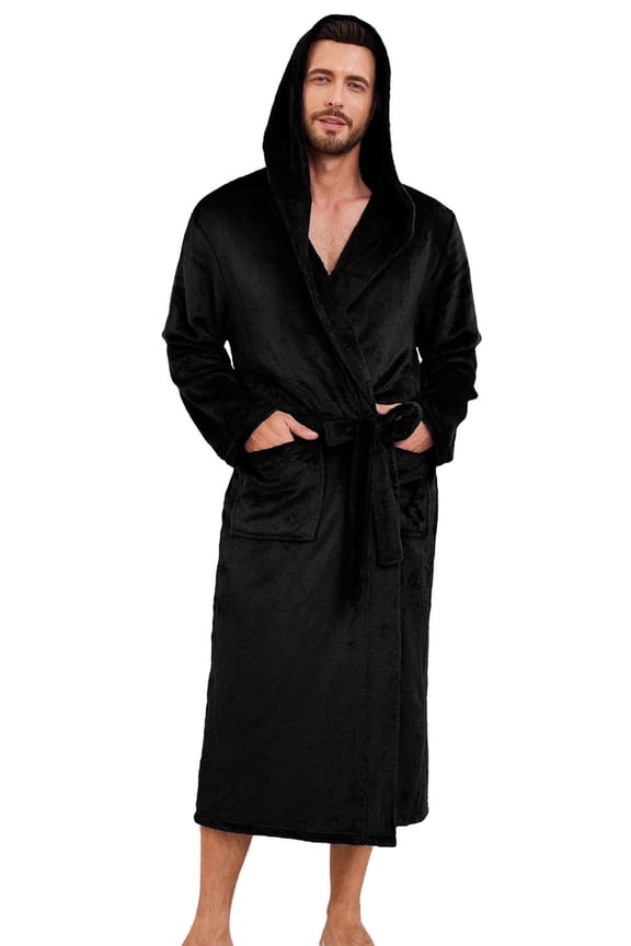 Mens Hooded Fleece Robe，Plush Lightweight Soft Spa Bathrobe for Men (Black, S/M)