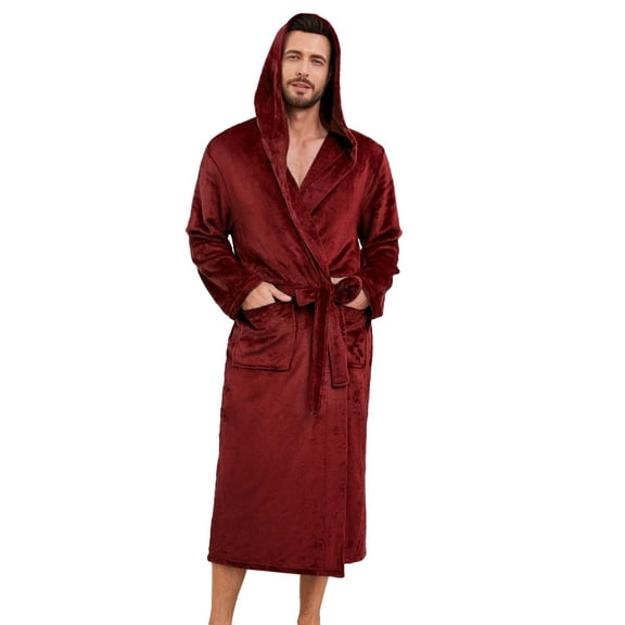 Vulcanodon Mens Hooded Fleece Robe，Plush Lightweight Soft Spa Bathrobe for Men (Burgundy, L/XL)