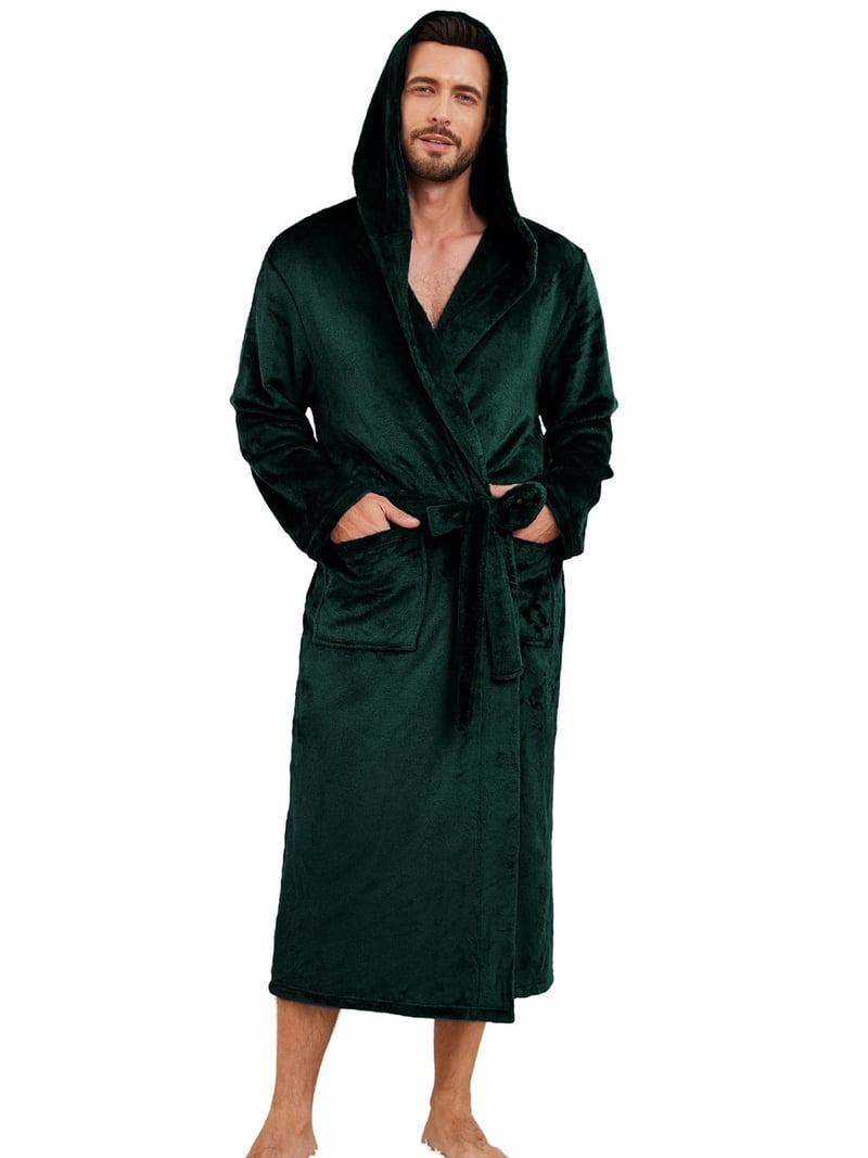 Vulcanodon Mens Hooded Fleece Robe，Plush Lightweight Soft Spa