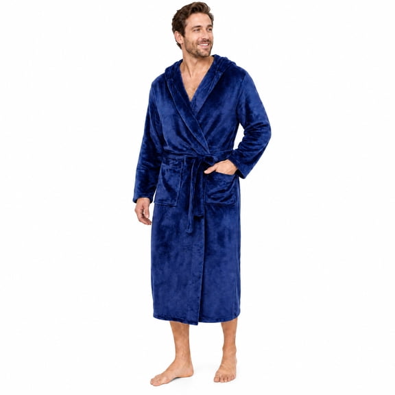 Vulcanodon Mens Hooded Fleece Robe，Plush Lightweight Soft Spa Bathrobe for Men (Navy, L/XL)
