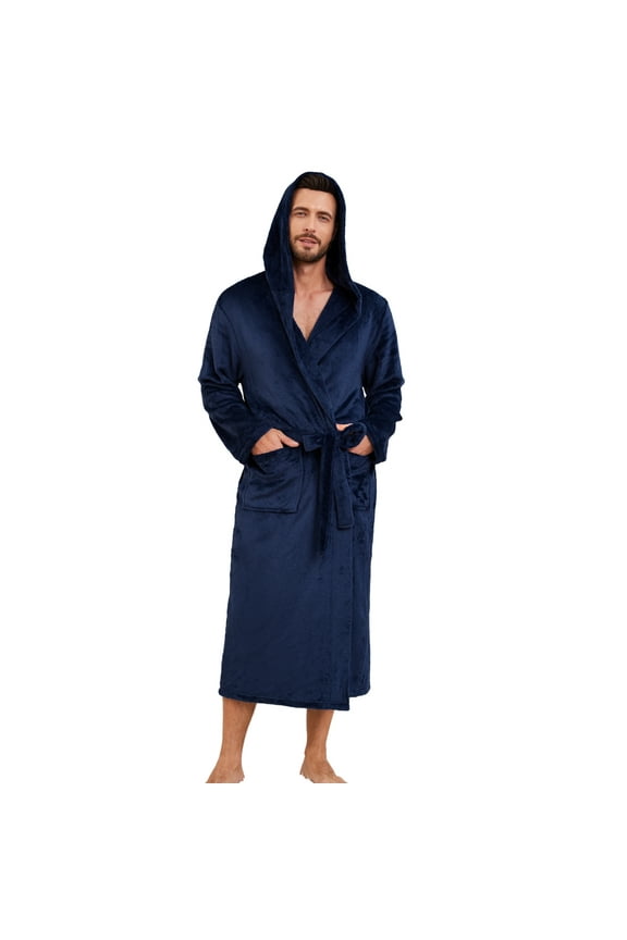Mens Hooded Fleece Robe，Plush Lightweight Soft Spa Bathrobe for Men (Navy, L/XL)