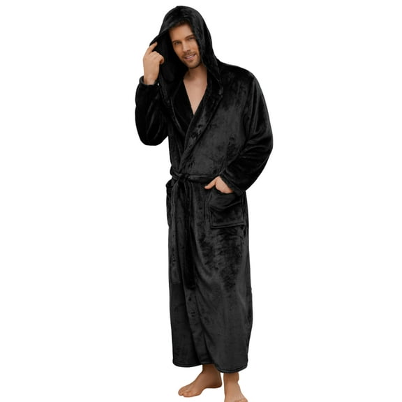 Vulcanodon Mens Hooded Robe, Full Length Plush Robe for Men Fleece Bathrobe(Black, L/XL)