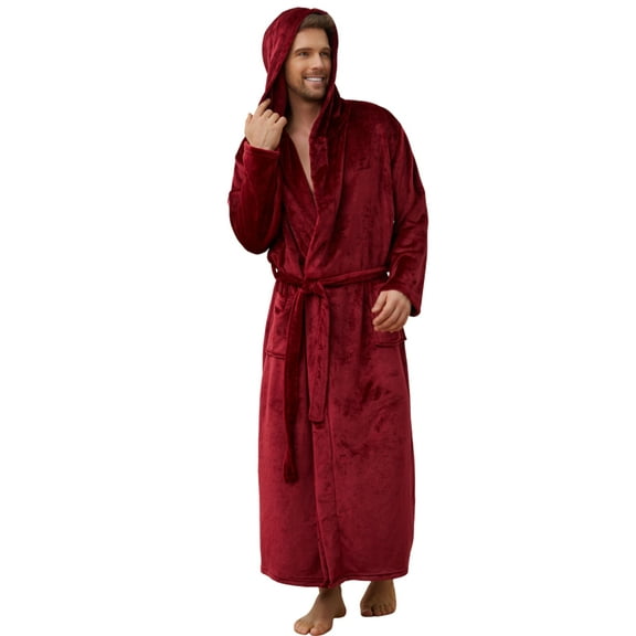 Vulcanodon Mens Hooded Robe, Full Length Plush Robe for Men Fleece Bathrobe(Burgundy, L/XL)