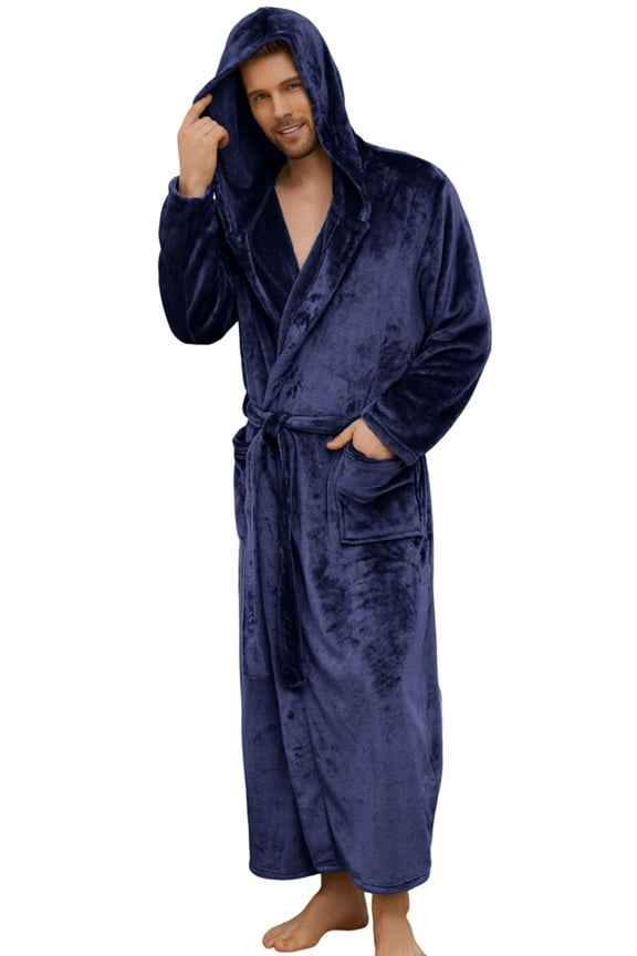 Mens Hooded Robe, Full Length Plush Robe for Men Fleece Bathrobe（Navy, S/M）