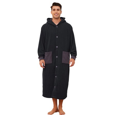 Vulcanodon Mens Hooded Robe, Plush Fleece Bathrobes for Men Long Cozy Warm Spa Robe（Black ，L/XL）