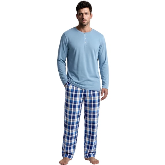 Vulcanodon Mens 100% Cotton Lightweight Sleepwear Pajamas Set Cozy 2 Piece with Plaid Pants Pjs