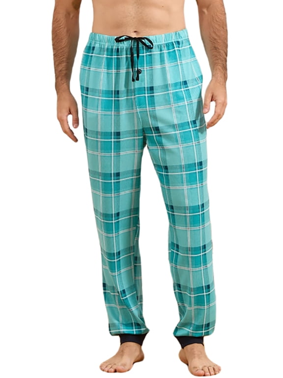 Mens Classic Plaid Pajama Pants, Soft Lightweight Lounge PJ Bottoms with Pockets and Button Fly