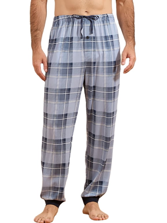 Mens Classic Plaid Pajama Pants, Soft Lightweight Lounge PJ Bottoms with Pockets and Button Fly