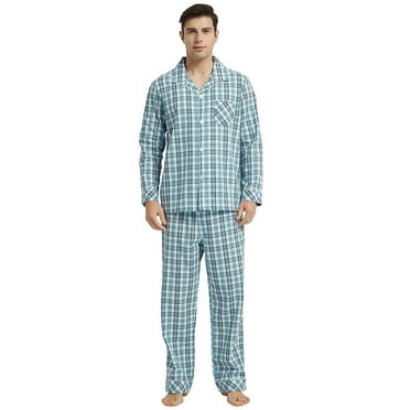 Vulcanodon Mens Pajama Set 100% Cotton, Long Sleeve Button Down PJ Set for Men Plaid Men's Sleepwear(Aqua Blue-Plaid, Large)