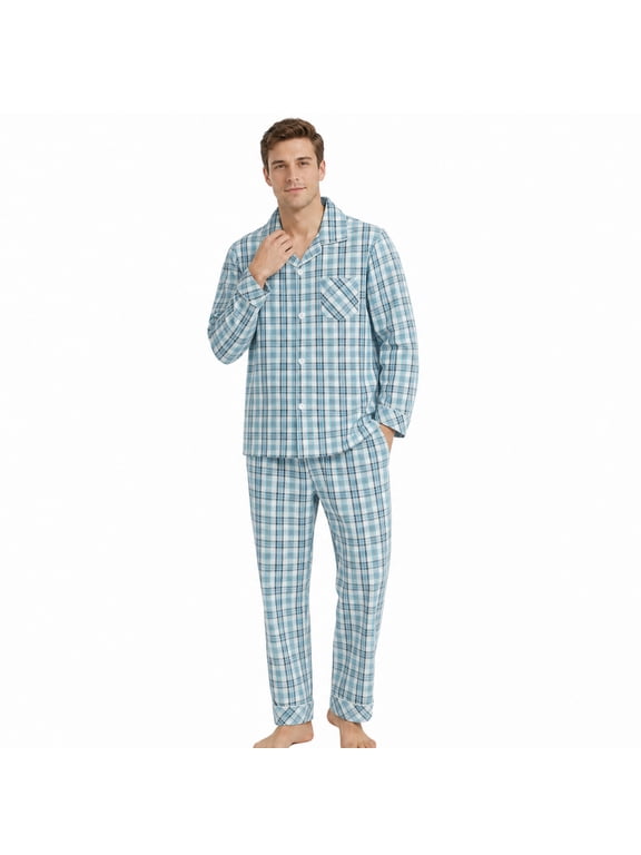 Mens Pajama Set 100% Cotton, Long Sleeve Button Down PJ Set for Men Plaid Men's Sleepwear(Aqua Blue-Plaid, L)