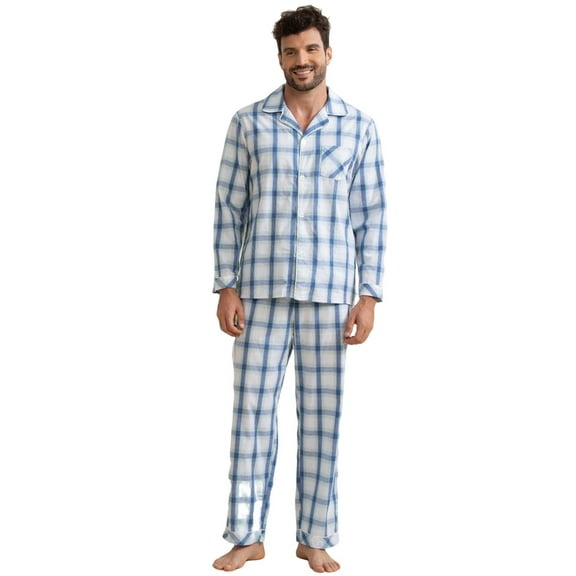 Vulcanodon Mens Pajama Set 100% Cotton, Long Sleeve Button Down PJ Set for Men Plaid Men's Sleepwear（Blue-White Plaid，2XL）