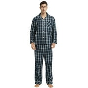 VULCANODON Mens Pajama Set 100% Cotton, Long Sleeve Button Down PJ Set for Men Plaid Men's Sleepwear(Dark Blue-Plaid, L)