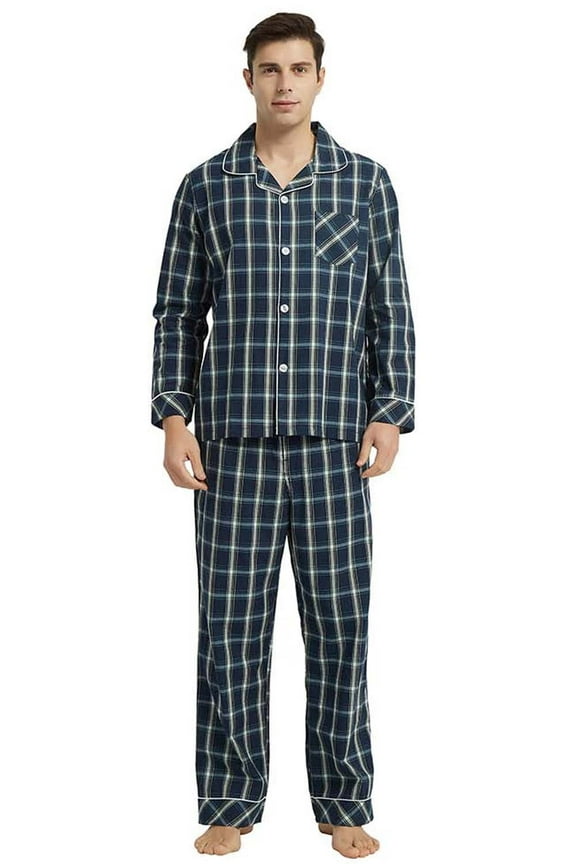 Mens Pajama Set 100% Cotton, Long Sleeve Button Down PJ Set for Men Plaid Men's Sleepwear(Dark Blue-Plaid, L)