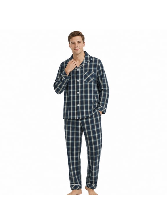 Mens Pajama Set 100% Cotton, Long Sleeve Button Down PJ Set for Men Plaid Men's Sleepwear(Dark Blue-Plaid, L)