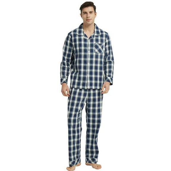 Vulcanodon Mens Pajama Set 100% Cotton, Long Sleeve Button Down PJ Set for Men Plaid Men's Sleepwear(Navy-Plaid, L)
