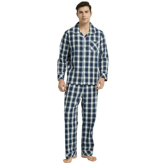 Vulcanodon Mens Pajama Set 100% Cotton, Long Sleeve Button Down PJ Set for Men Plaid Men's Sleepwear(Navy-Plaid, S)