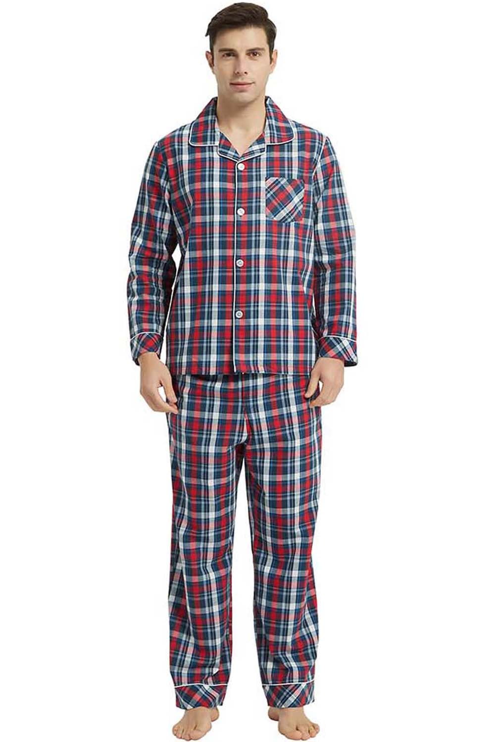 Vulcanodon Mens Pajama Set 100 Cotton Long Sleeve Button Down PJ Set for Men Plaid Men s Sleepwear Red Blue Plaid Large