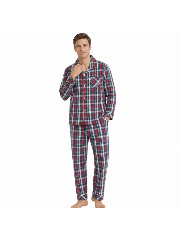 Mens Pajama Set 100% Cotton, Long Sleeve Button Down PJ Set for Men Plaid Men's Sleepwear(Red Blue-Plaid, L)