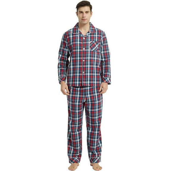Vulcanodon Mens Pajama Set 100% Cotton, Long Sleeve Button Down PJ Set for Men Plaid Men's Sleepwear(Red Blue-Plaid, XL)