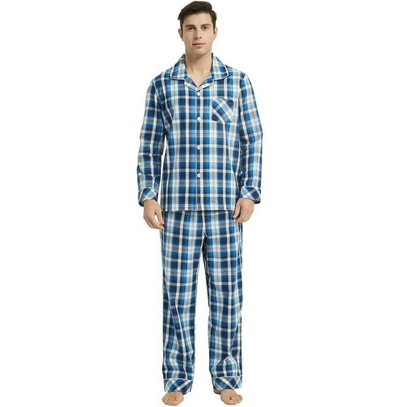 Vulcanodon Mens Pajama Set 100% Cotton, Long Sleeve Button Down PJ Set for Men Plaid Men's Sleepwear(Royal Blue-Plaid, L)