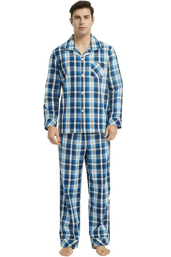 Mens Pajama Set 100% Cotton, Long Sleeve Button Down PJ Set for Men Plaid Men's Sleepwear(Royal Blue-Plaid, L)