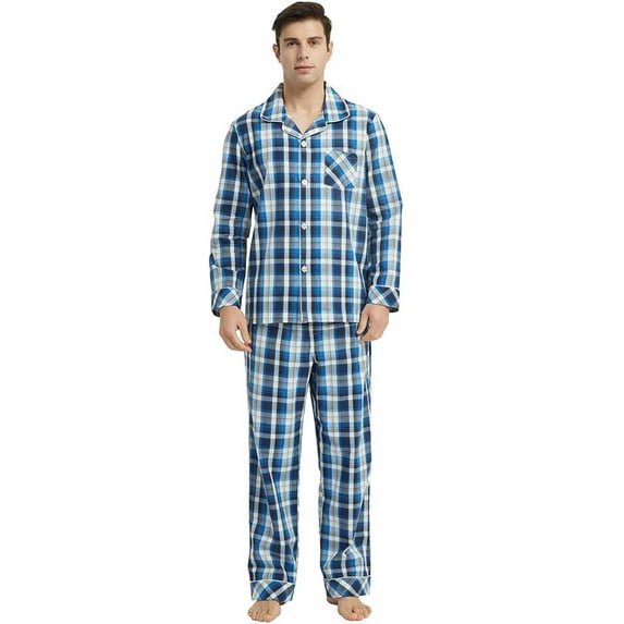 Vulcanodon Mens Pajama Set 100% Cotton, Long Sleeve Button Down PJ Set for Men Plaid Men's Sleepwear(Royal Blue-Plaid, M)