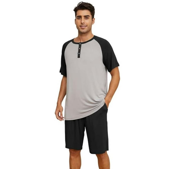 Vulcanodon Mens Pajama Set, Bamboo Lightweight Short Sleepwear for Men(Light Grey+Black,Small)